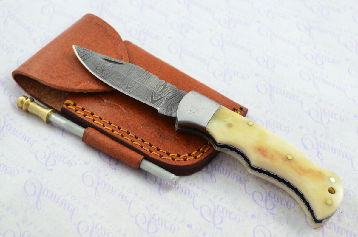 A Handmade Damascus Steel Pocket Knife - Camel Bone Scales