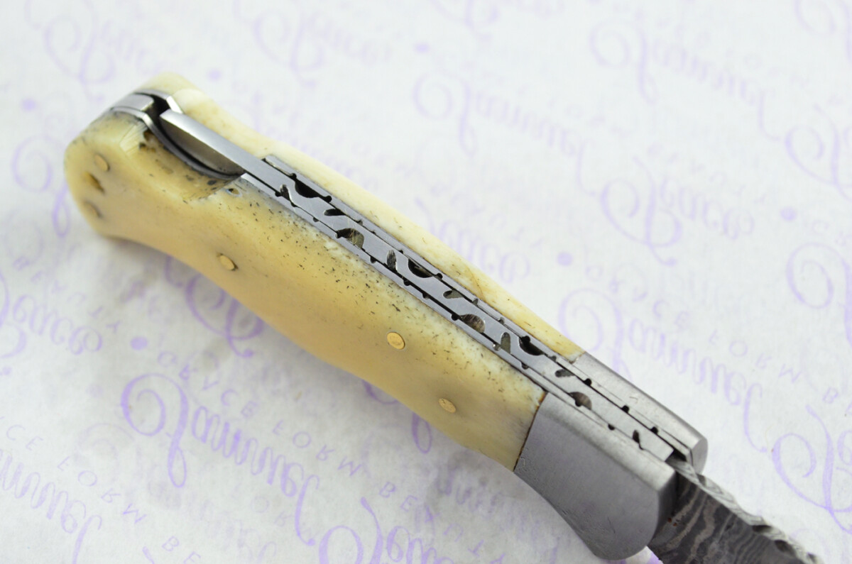 A Handmade Damascus Steel Pocket Knife - Camel Bone Scales - Image 6