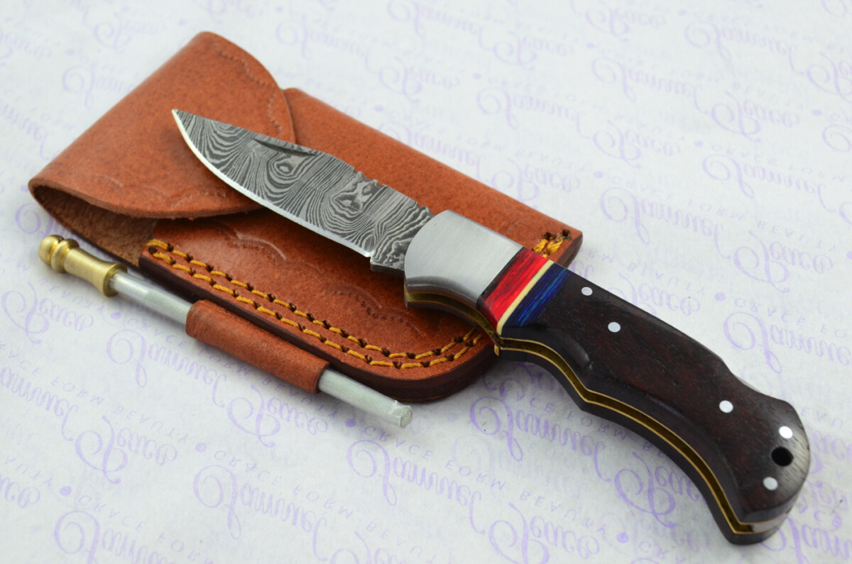 A Handmade Damascus Steel Pocket Knife - Rosewood Scales
