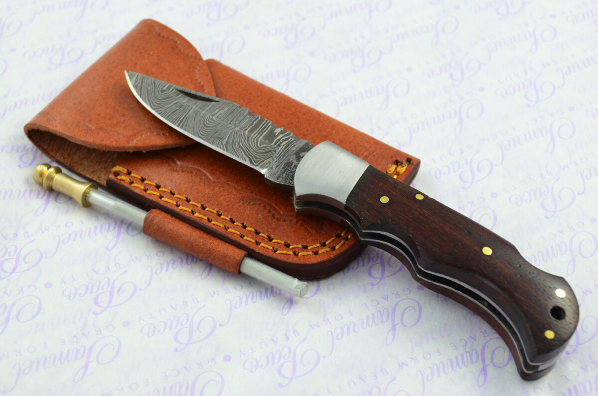 A Handmade Damascus Steel Pocket Knife - Rosewood Scales