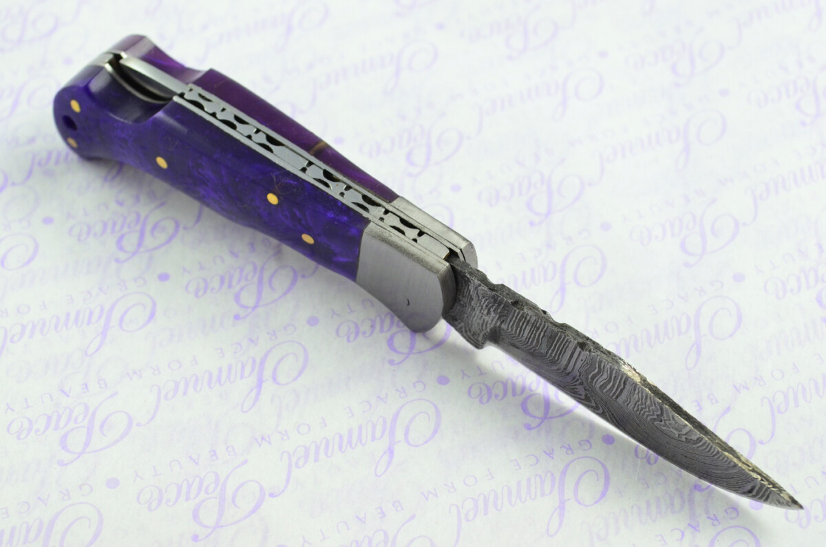 A Handmade Damascus Steel Pocket Knife - Purple Resin Scales - Image 5
