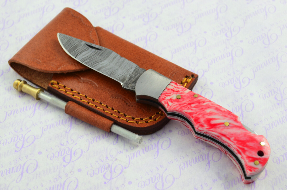 A Handmade Damascus Steel Pocket Knife -  Pink & White Resin Scales