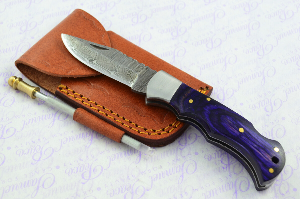 A Handmade Damascus Steel Pocket Knife - Indigo Laminate Wood Scales