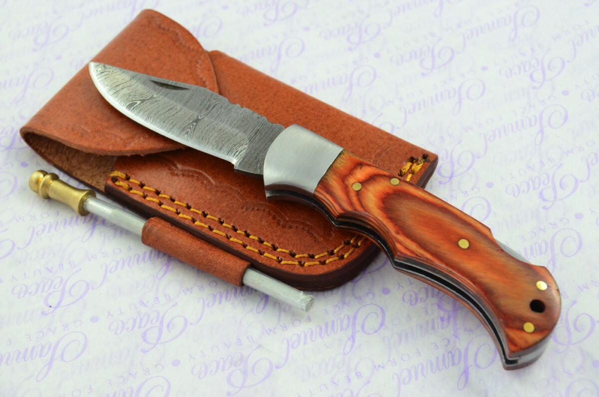 A Handmade Damascus Steel Pocket Knife - Brown Laminate Wood Scales