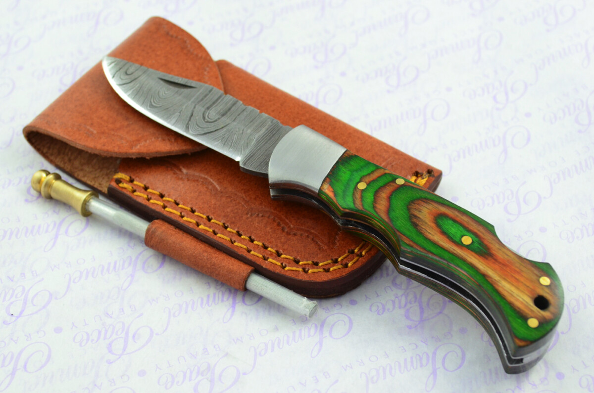 A Handmade Damascus Steel Pocket Knife - Green & Brown Laminate Wood Scales