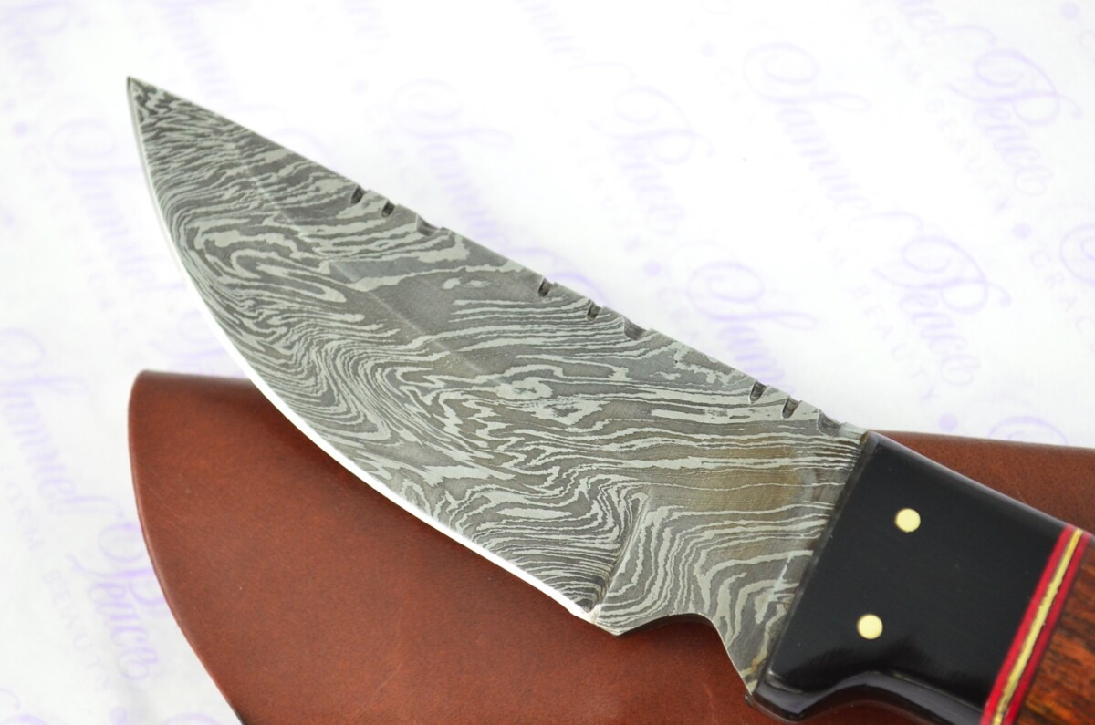 Astounding Damascus Steel Skinning Knife with Rosewood & Buffalo Scales inc Leather Sheath - Image 3
