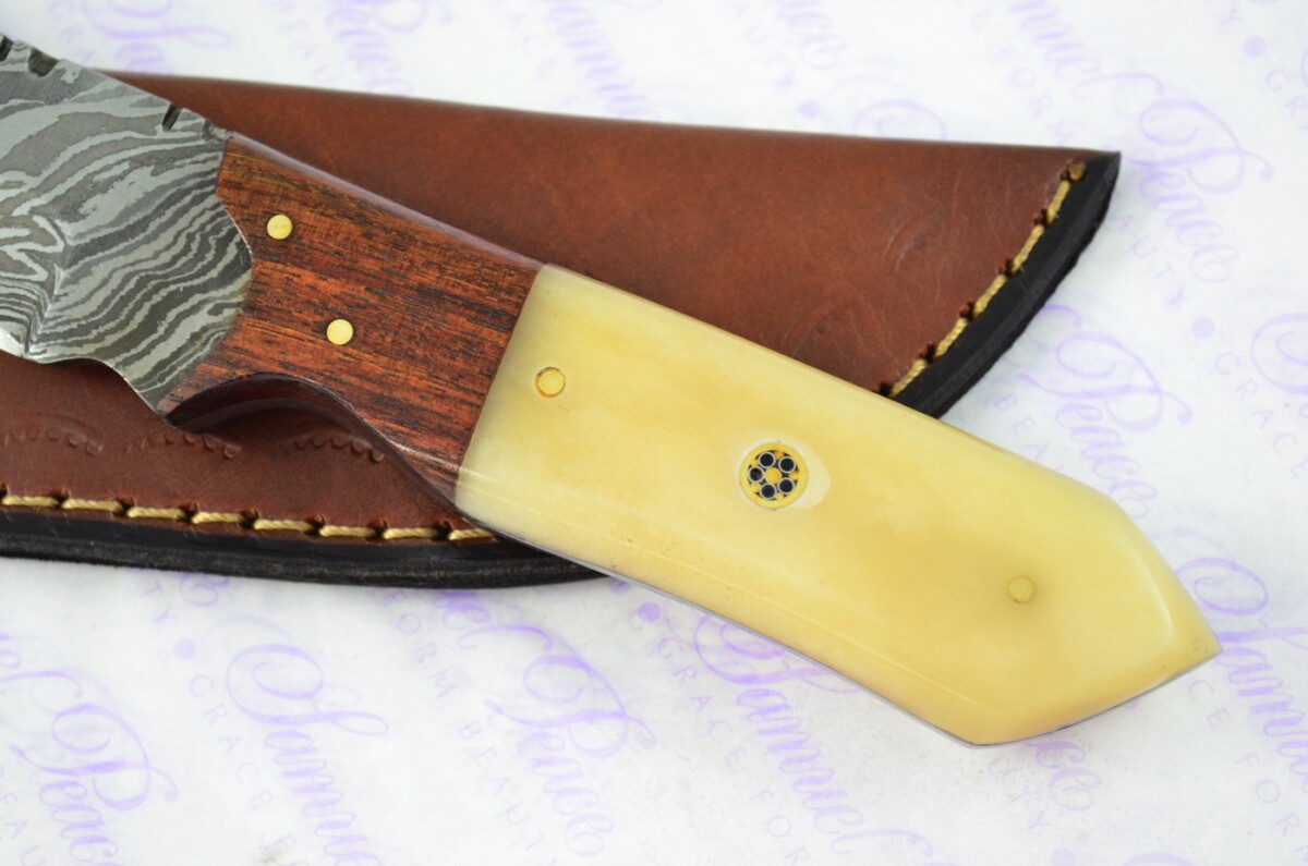 Astounding Damascus Steel Hunting Knife with Camel Bone & Rosewood Scales inc Leather Sheath - Image 2