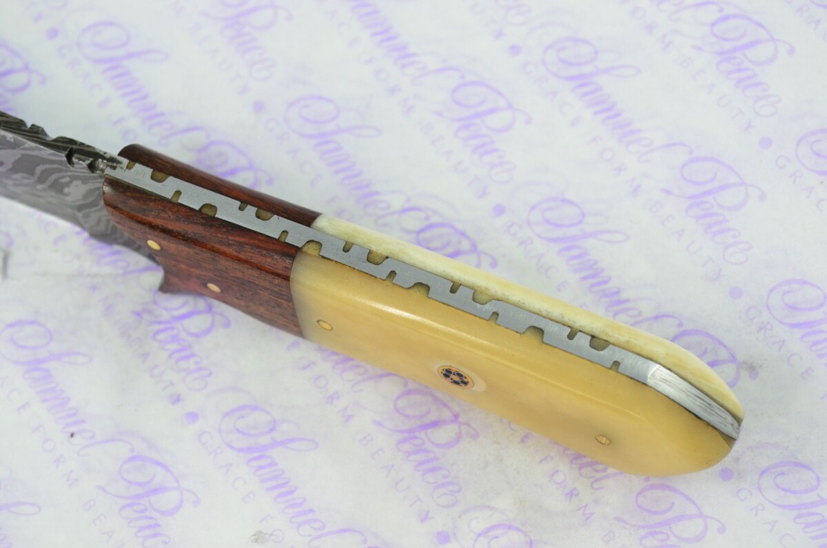 Astounding Damascus Steel Hunting Knife with Camel Bone & Rosewood Scales inc Leather Sheath - Image 4