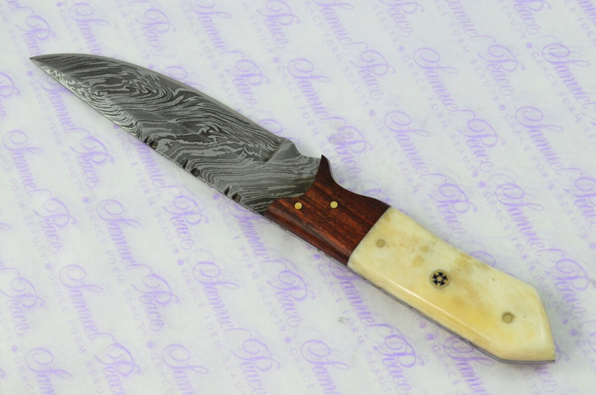 Astounding Damascus Steel Hunting Knife with Camel Bone & Rosewood Scales inc Leather Sheath - Image 5