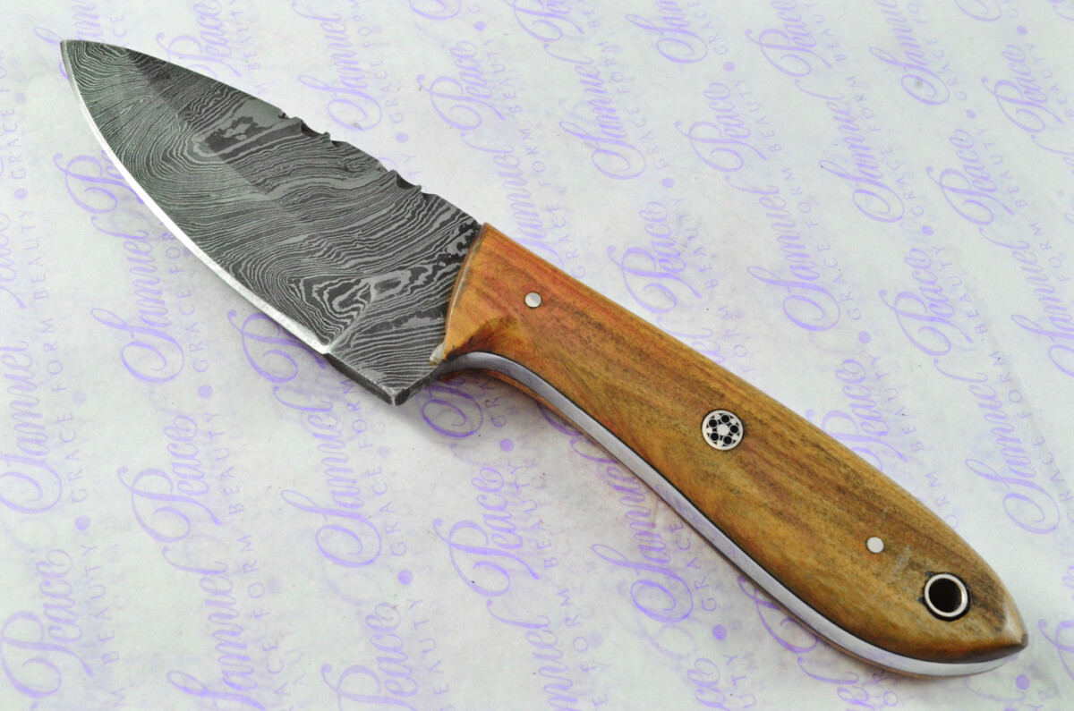 Astounding Damascus Steel Hunting Skinning Knife with Olive Wood Scales inc Leather Sheath - Image 2