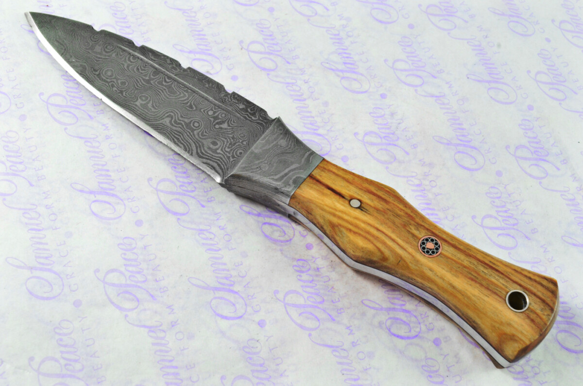 Astounding Damascus Steel Sgian Dubh Knife with Olive Wood Scales inc Leather Sheath - Image 2