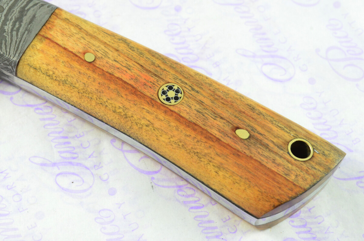 Astounding Damascus Steel Hunting Knife with Olive Wood Scales inc Leather Sheath - Image 5