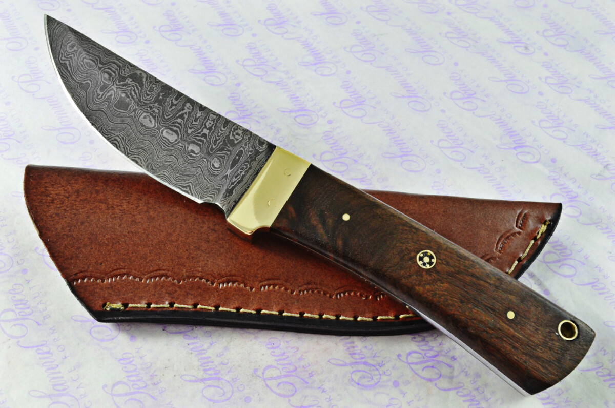 Astounding Damascus Steel & Brass Bolster Knife with Straight Back Blade & Rosewood Scales inc Leather Sheath