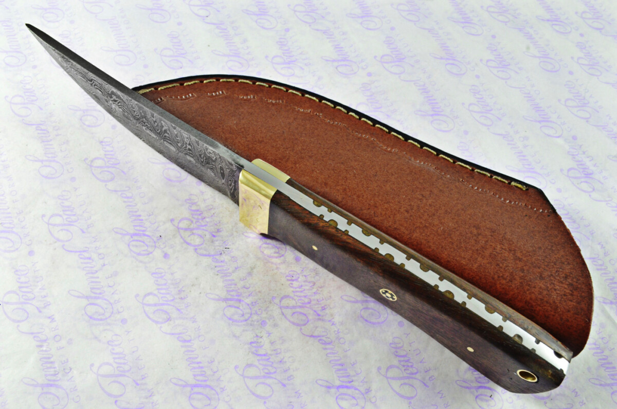Astounding Damascus Steel & Brass Bolster Knife with Straight Back Blade & Rosewood Scales inc Leather Sheath - Image 3