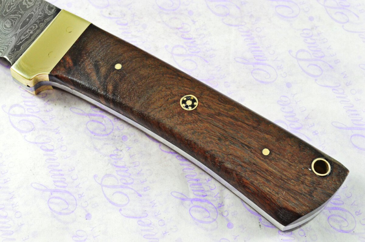 Astounding Damascus Steel & Brass Bolster Knife with Straight Back Blade & Rosewood Scales inc Leather Sheath - Image 5