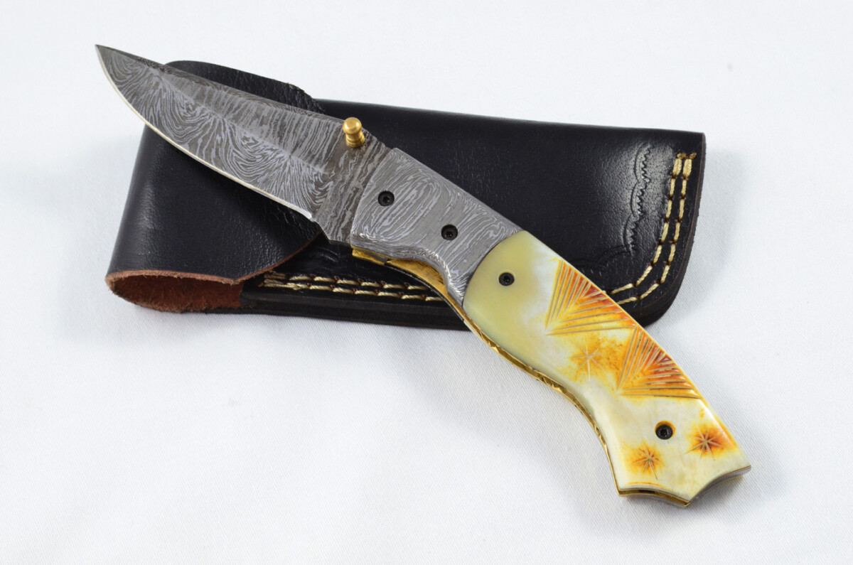 A Beautiful Handmade Damascus Steel Bladed Engraved Camel Bone Scaled Pocket Knife