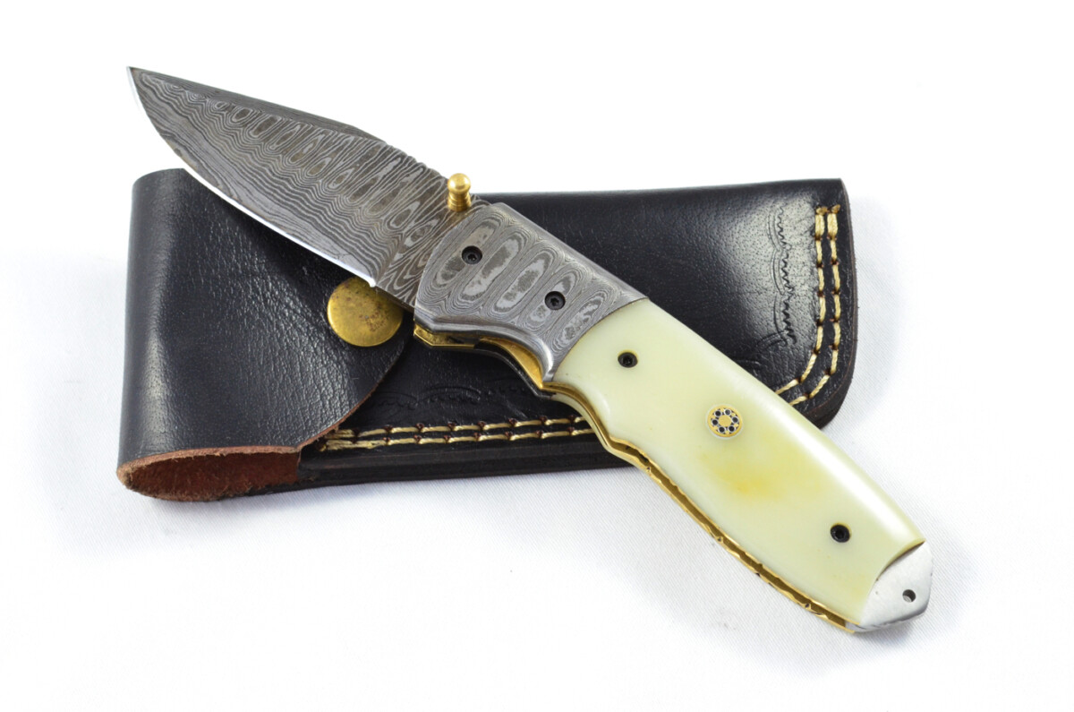 A Beautiful Handmade Damascus Steel Bladed Engraved Camel Bone Scaled Pocket Knife