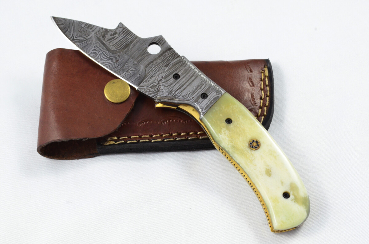 A Beautiful Handmade Damascus Steel Bladed Engraved Camel Bone Scaled Pocket Knife