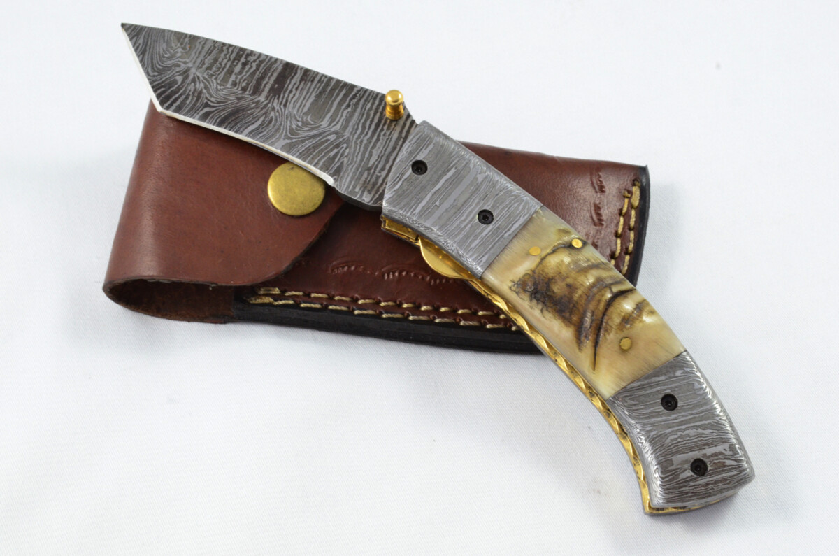 A Beautiful Handmade Damascus Steel Bladed Engraved Rams Horn Scaled Pocket Knife