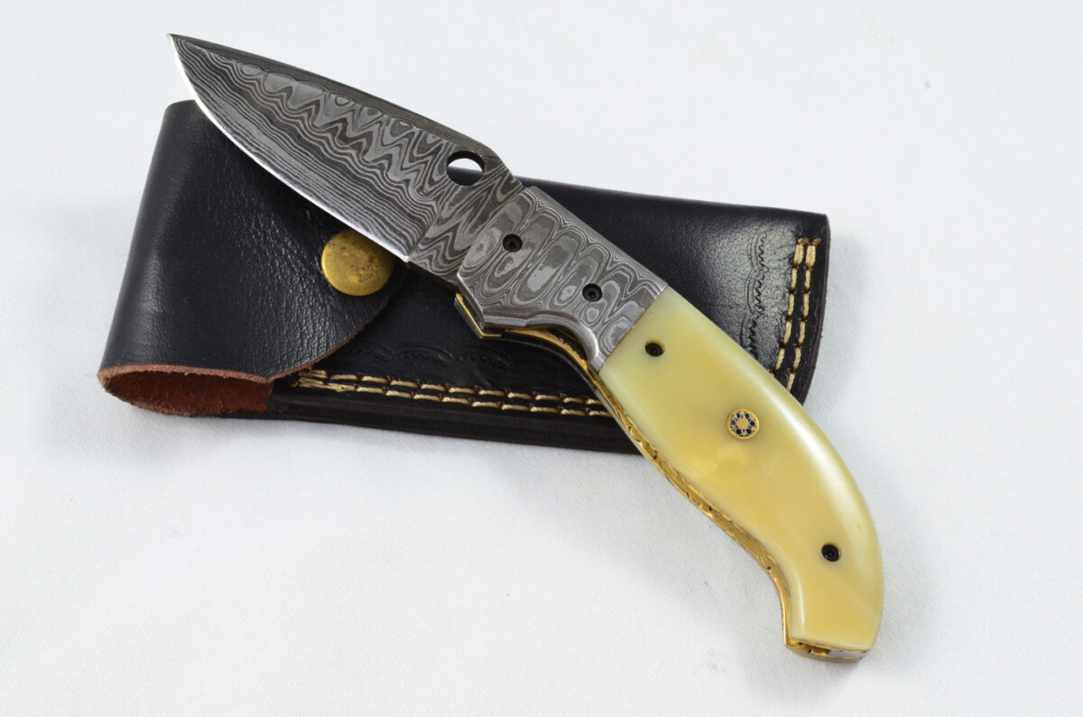 A Beautiful Handmade Damascus Steel Bladed Engraved Camel Bone Scaled Pocket Knife