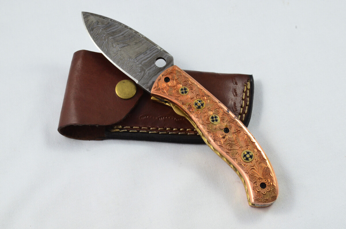 A Beautiful Handmade Damascus Steel Bladed Engraved Bronze Scaled Pocket Knife