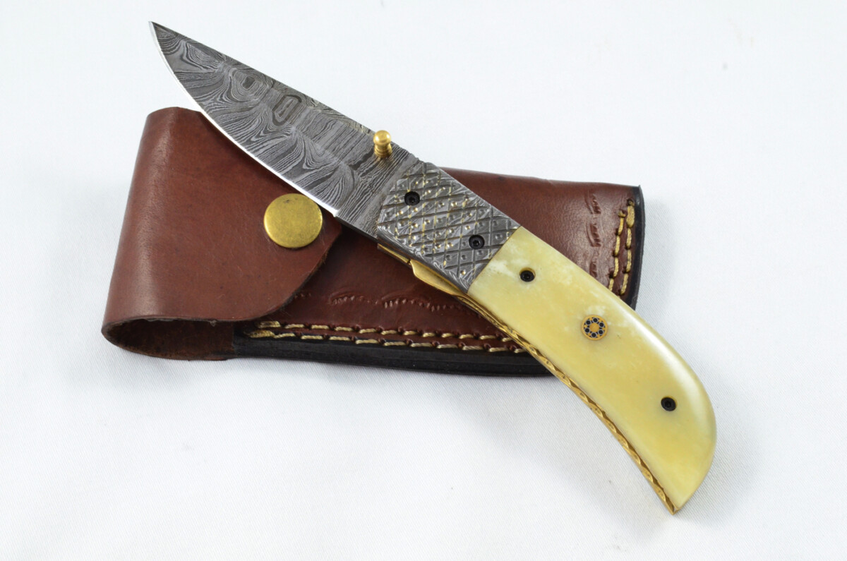 A Beautiful Handmade Damascus Steel Bladed Engraved Camel Bone Scaled Pocket Knife