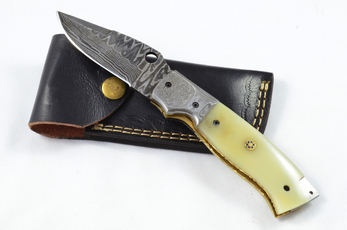 A Beautiful Handmade Damascus Steel Bladed Engraved Camel Bone Scaled Pocket Knife