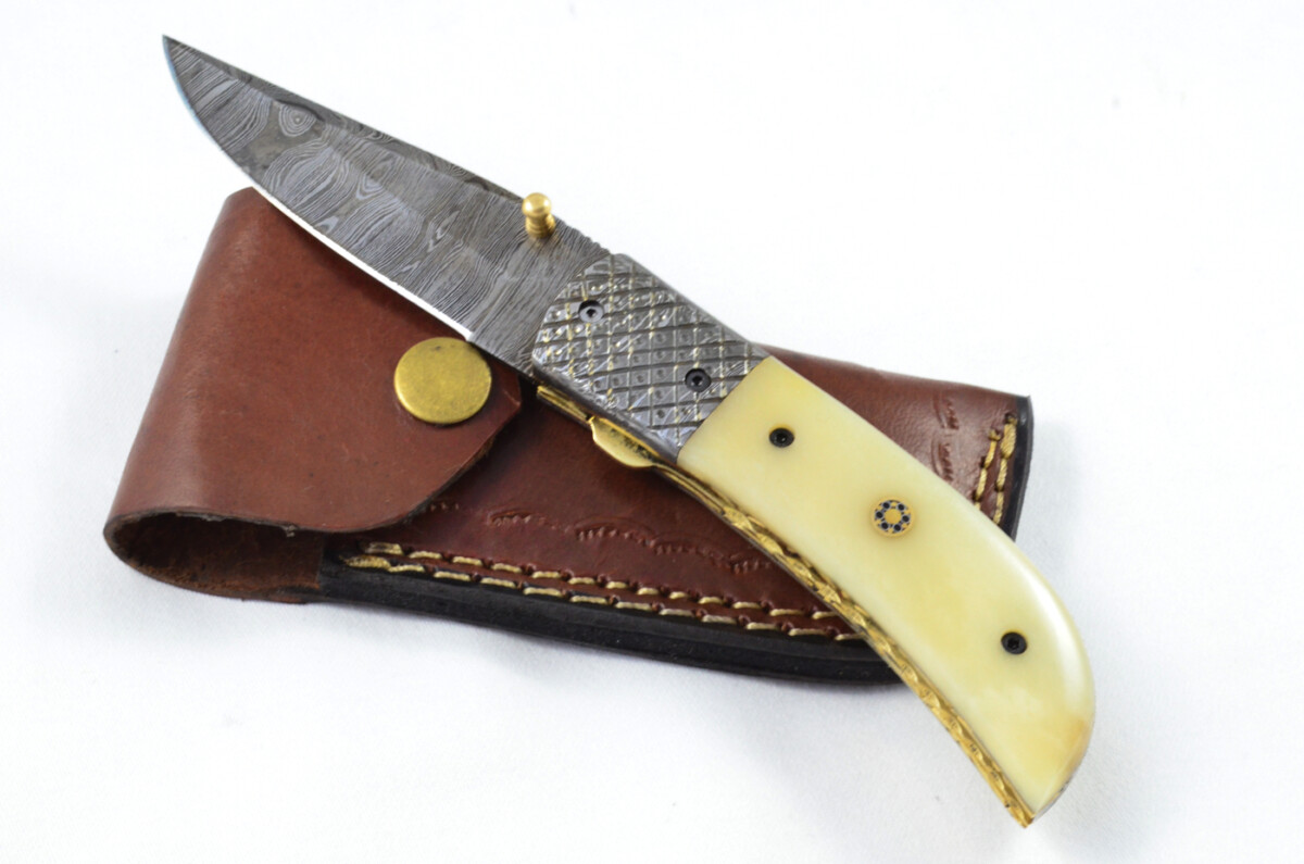 A Beautiful Handmade Damascus Steel Bladed Engraved Camel Bone Scaled Pocket Knife