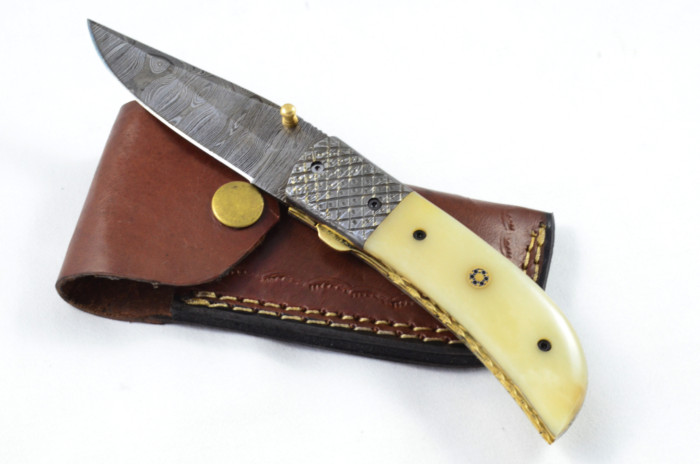 A Beautiful Handmade Damascus Steel Bladed Engraved Camel Bone Scaled Pocket Knife