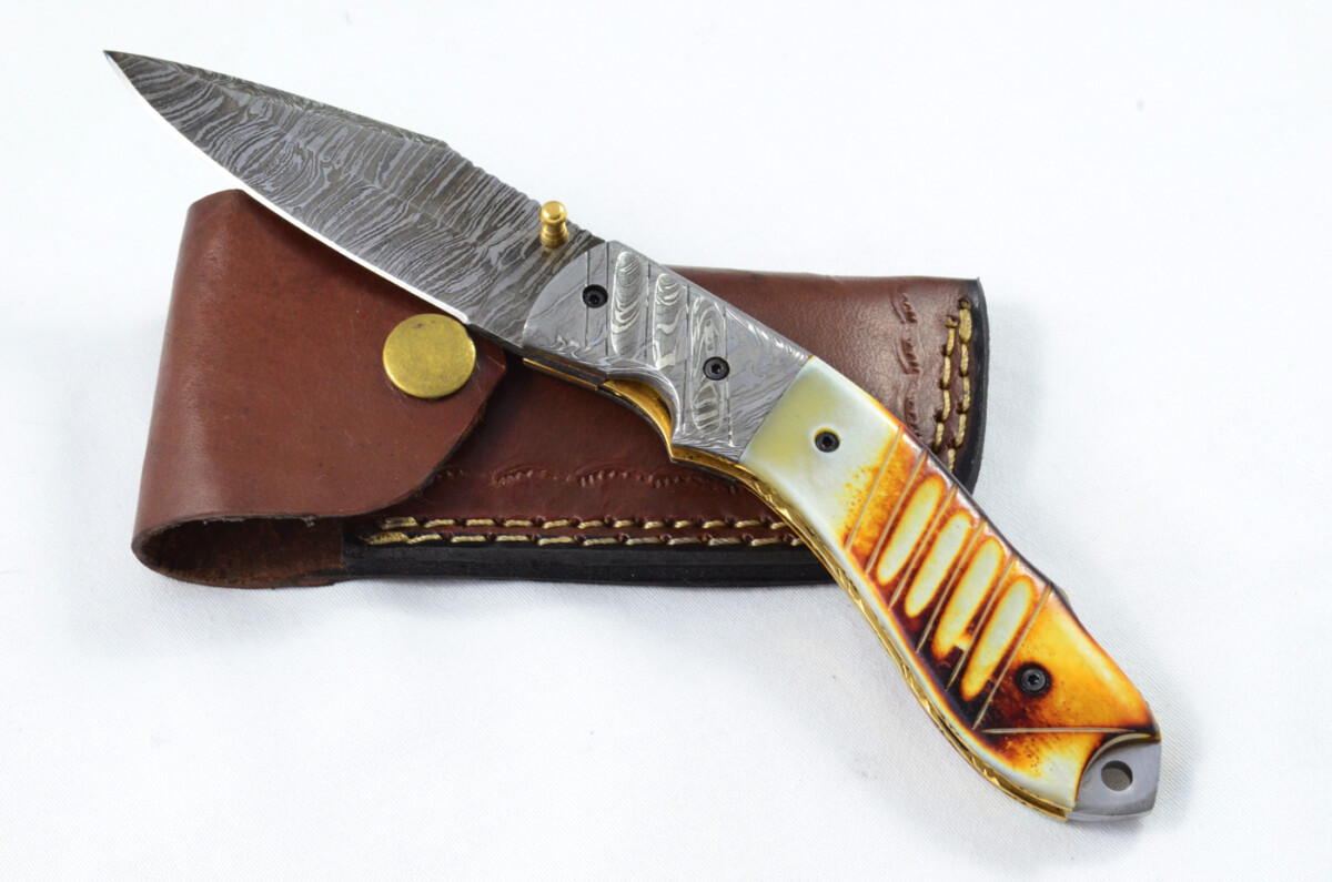 A Beautiful Handmade Damascus Steel Bladed Engraved Camel Bone Scaled Pocket Knife