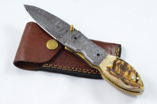 A Beautiful Handmade Damascus Steel Bladed Engraved Rams Horn Scaled Pocket Knife