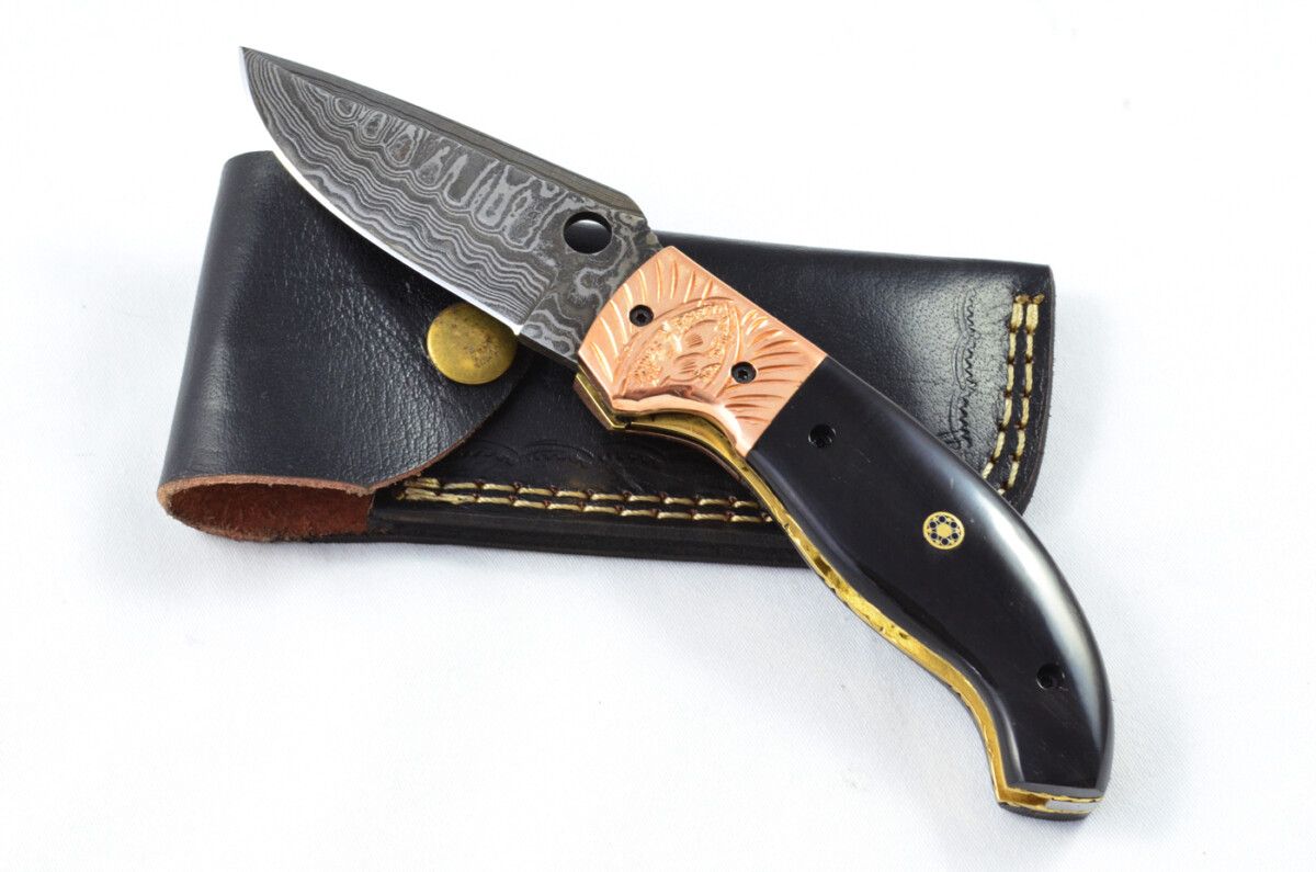 A Beautiful Handmade Damascus Steel Bladed Engraved Buffalo Horn Scaled Pocket Knife