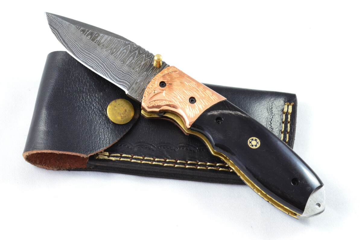 A Beautiful Handmade Damascus Steel Bladed Engraved Buffalo Horn Scaled Pocket Knife