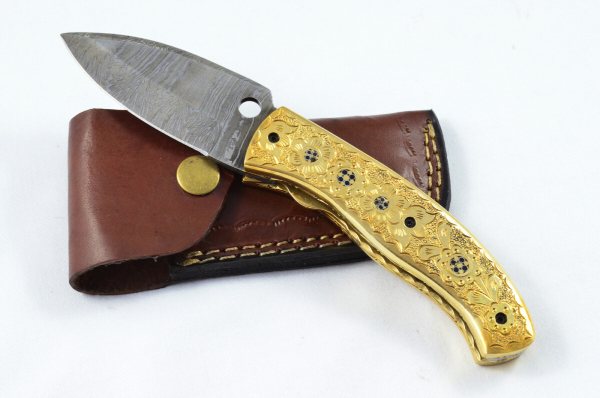 A Beautiful Handmade Damascus Steel Bladed Engraved Brass Scaled Pocket Knife