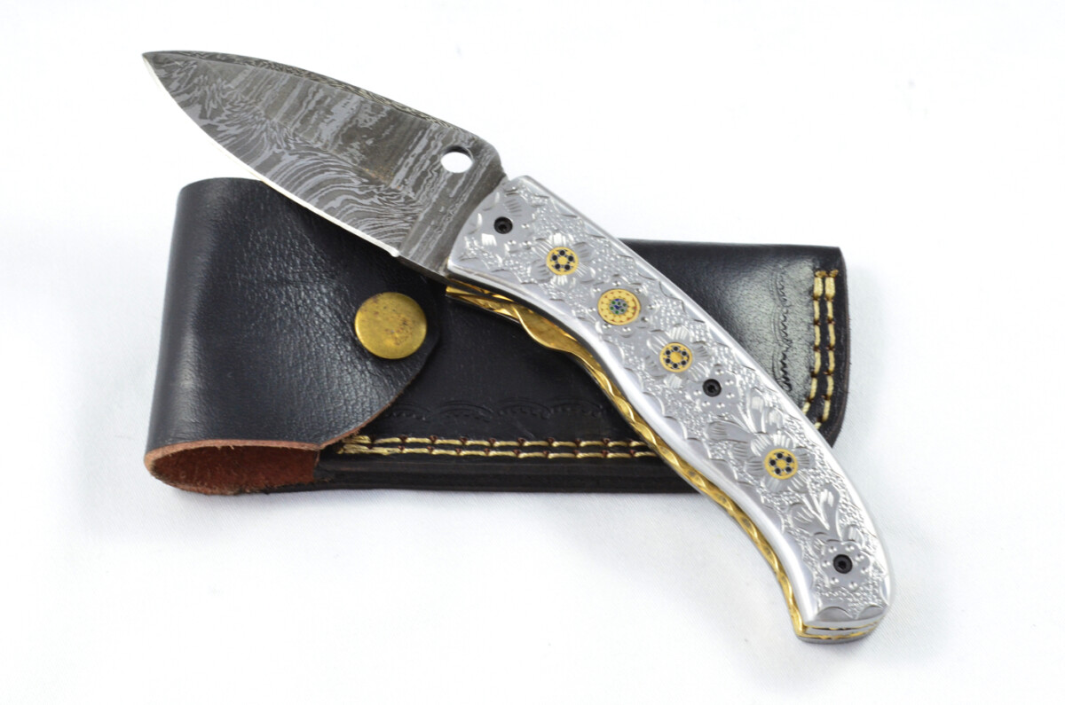 A Beautiful Handmade Damascus Steel Bladed Engraved Aluminium Scaled Pocket Knife