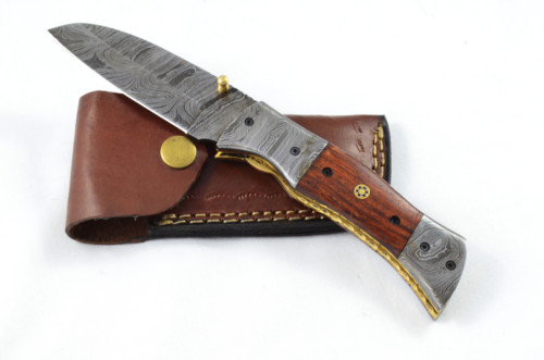 A Beautiful Handmade Damascus Steel Bladed Rosewood Scaled Pocket Knife