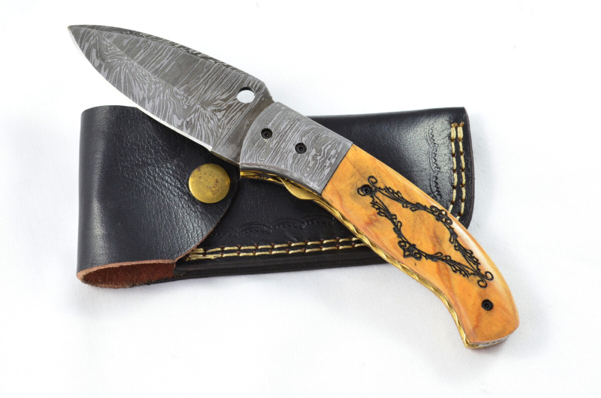 A Beautiful Handmade Damascus Steel Bladed Engraved Olive Wood Scaled Pocket Knife