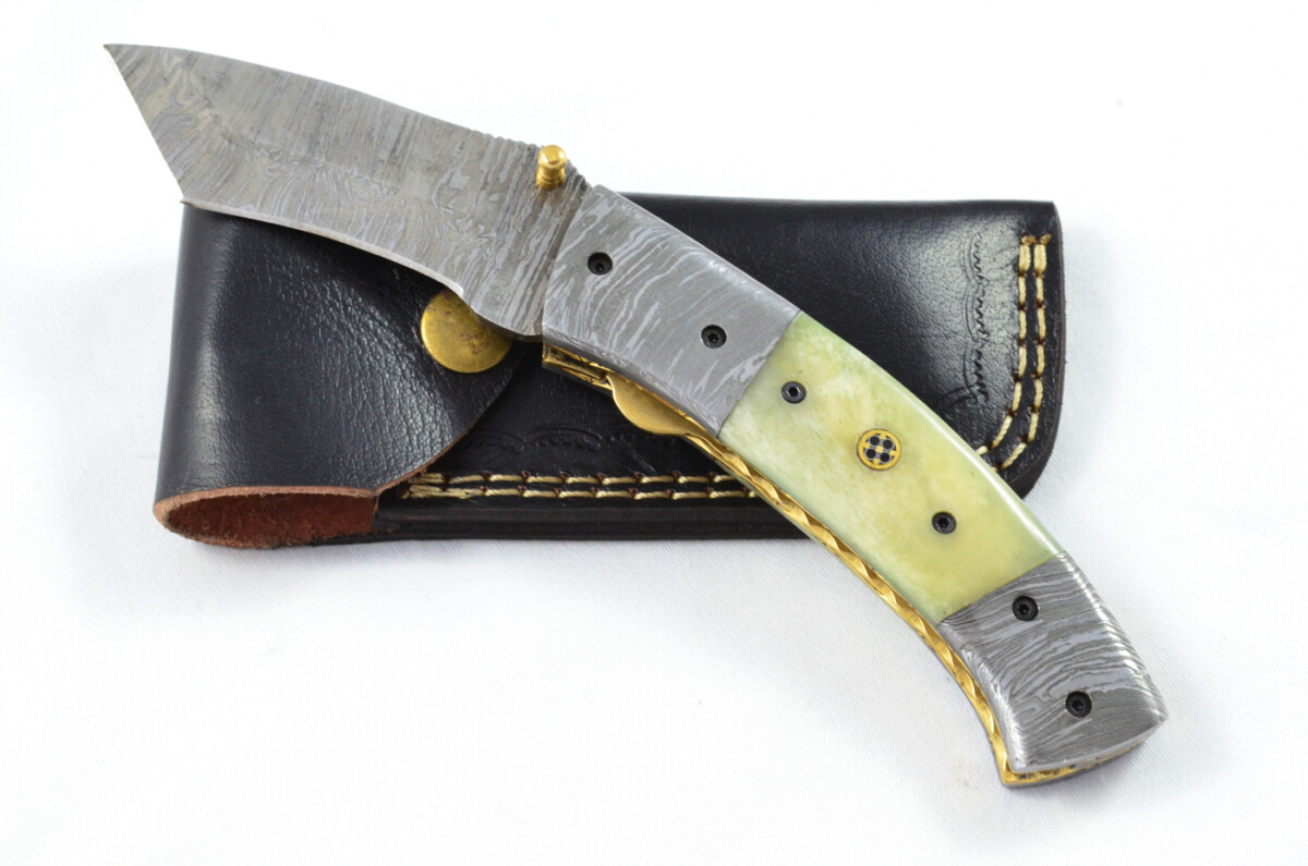 A Beautiful Handmade Damascus Steel Bladed Engraved Camel Bone Scaled Pocket Knife