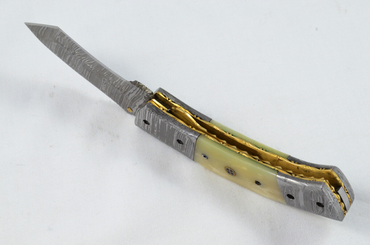 A Beautiful Handmade Damascus Steel Bladed Engraved Camel Bone Scaled Pocket Knife - Image 2