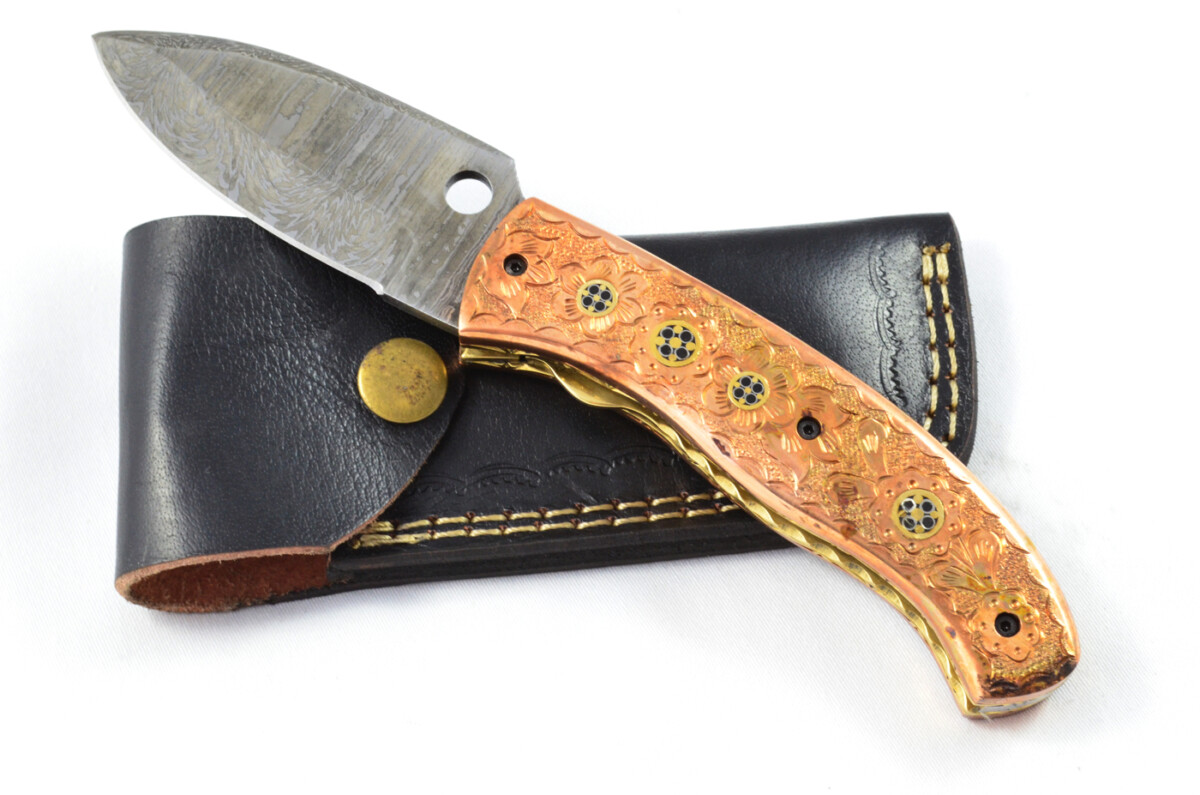 A Beautiful Handmade Damascus Steel Bladed Engraved Bronze Scaled Pocket Knife