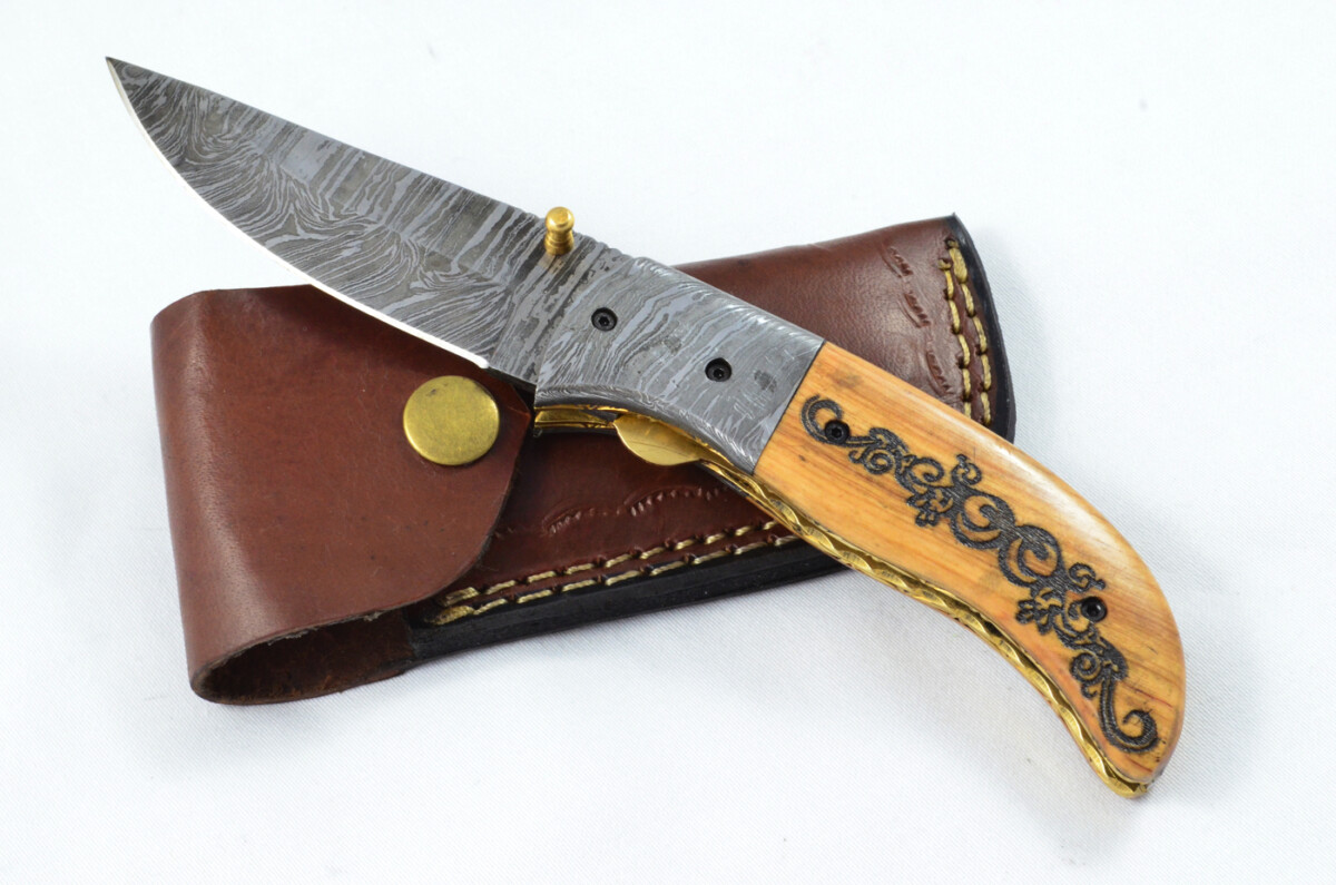 A Beautiful Handmade Damascus Steel Bladed Engraved Olive Wood Scaled Pocket Knife