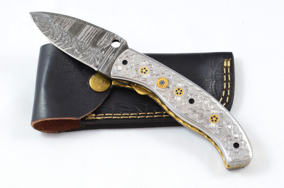 A Beautiful Handmade Damascus Steel Bladed Engraved Aluminium Scaled Pocket Knife