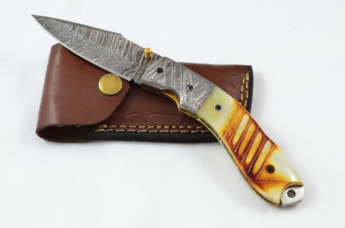 A Beautiful Handmade Damascus Steel Bladed Camel Bone Scaled Pocket Knife