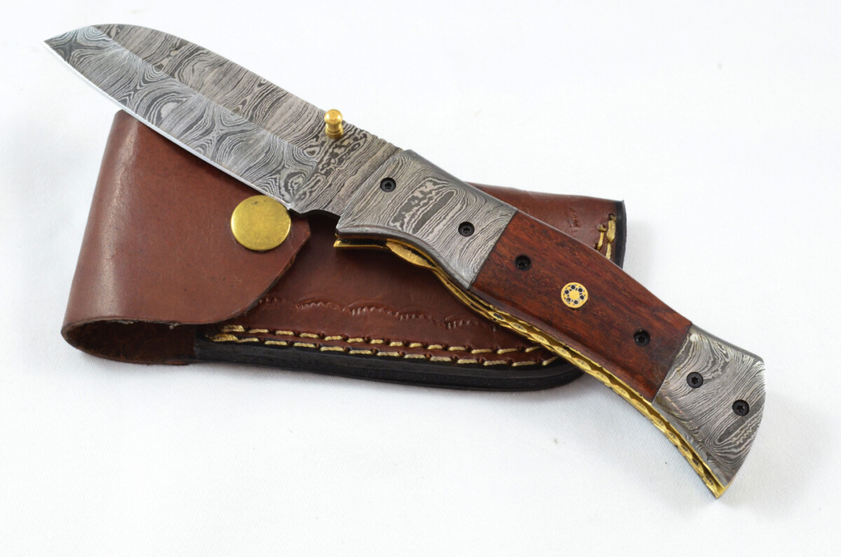 A Beautiful Handmade Damascus Steel Bladed Rosewood Scaled Pocket Knife
