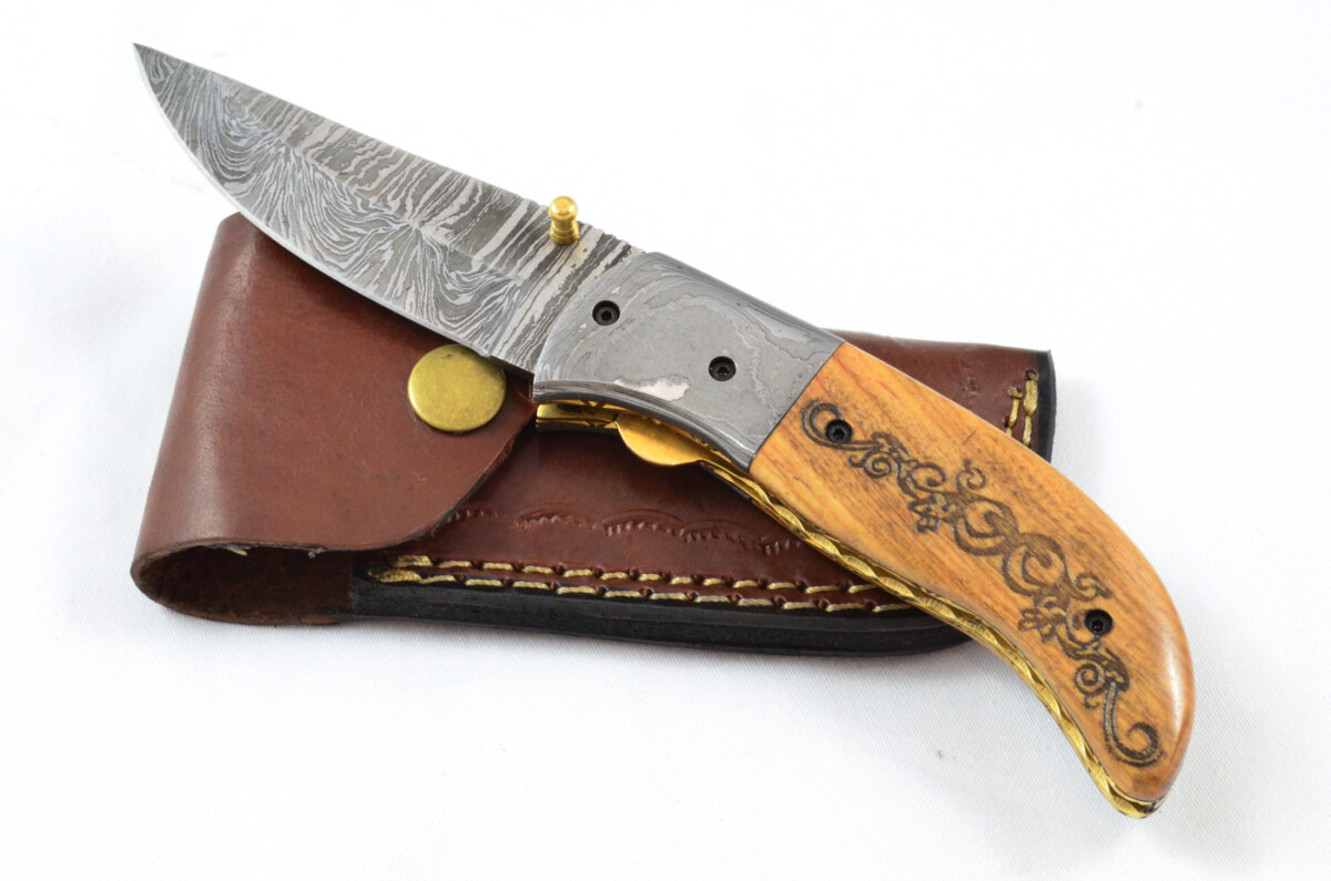 A Beautiful Handmade Damascus Steel Bladed Engraved Olive Wood Scaled Pocket Knife