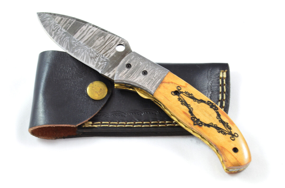 A Beautiful Handmade Damascus Steel Bladed Engraved Olive Wood Scaled Pocket Knife