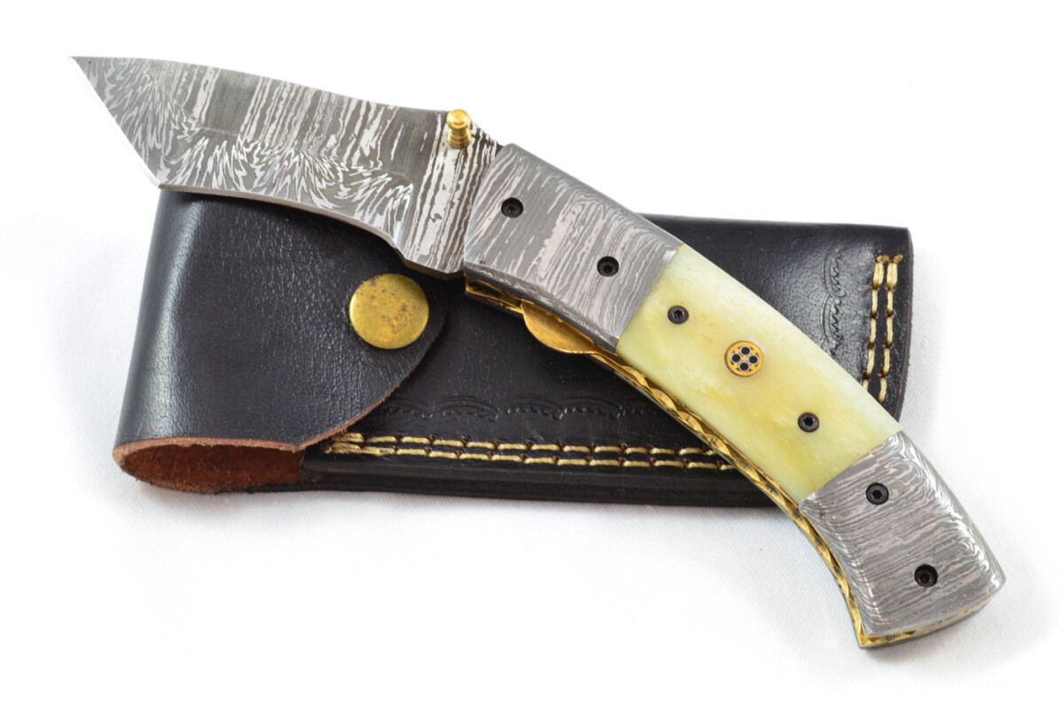 A Beautiful Handmade Damascus Steel Bladed Engraved Camel Bone Scaled Pocket Knife
