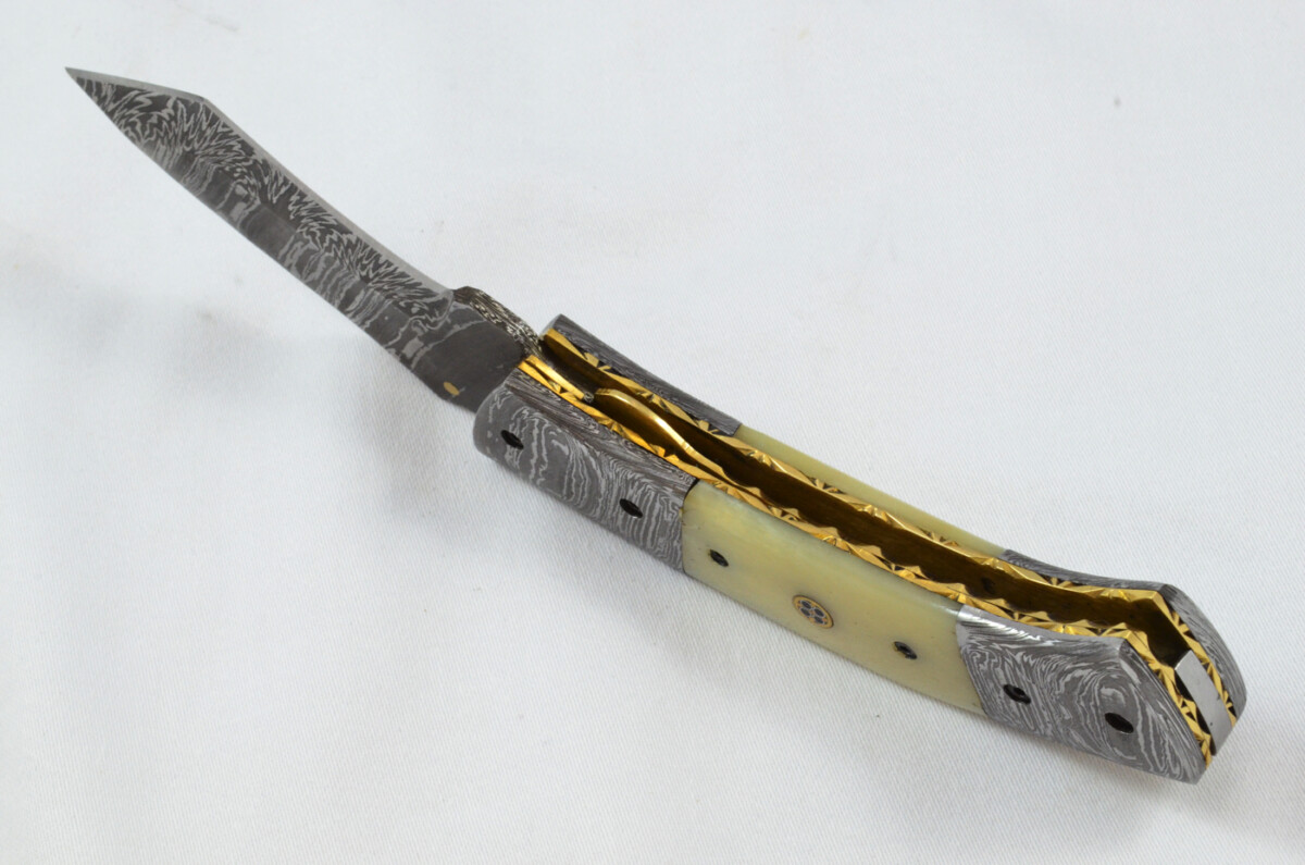 A Beautiful Handmade Damascus Steel Bladed Engraved Camel Bone Scaled Pocket Knife - Image 2
