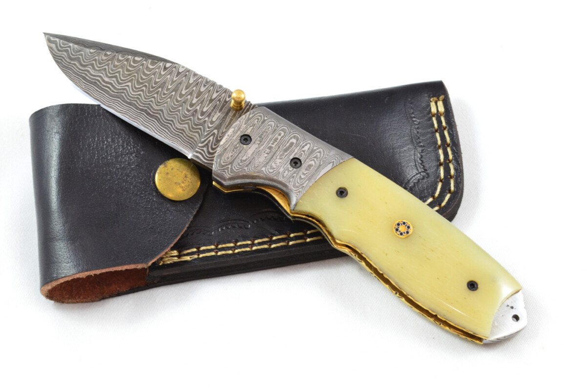 A Beautiful Handmade Damascus Steel Bladed Engraved Camel Bone Scaled Pocket Knife