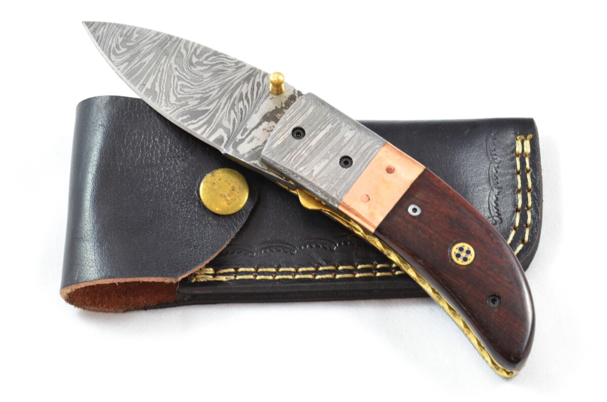 A Beautiful Handmade Damascus Steel Bladed Rosewood Scaled Pocket Knife